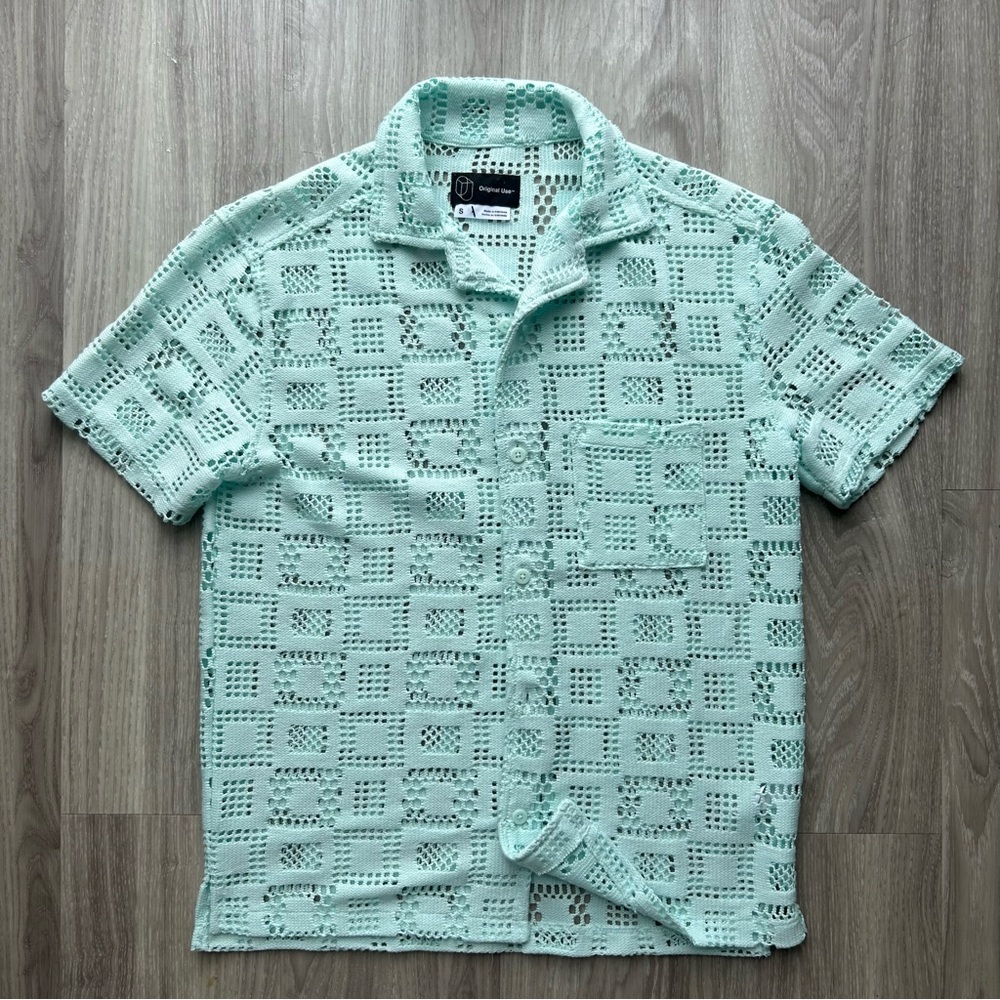 Short Sleeve Button Down Mesh Lace SeeThrough Summer Shirt  (Small)